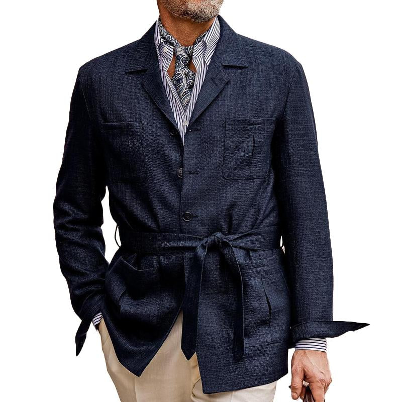 Solid Color Cotton Linen Multi Pocket Button Blazer