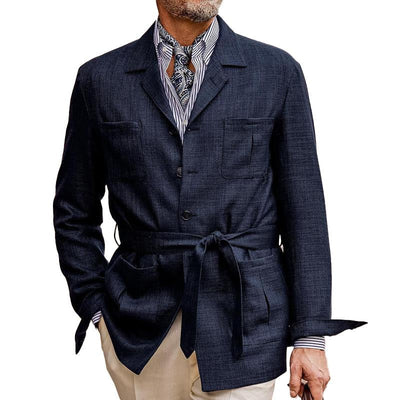 Solid Color Cotton Linen Multi Pocket Button Blazer