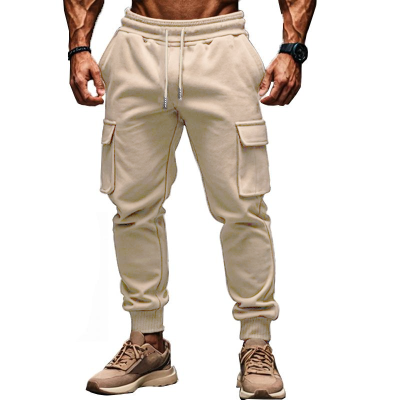 Solid Color Plush Elastic Waist Multi-pocket Sports Pants