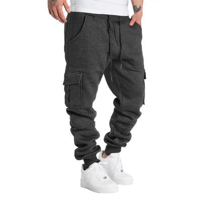 Solid Fleece Multi-pocket Elastic Waist Sports Trousers
