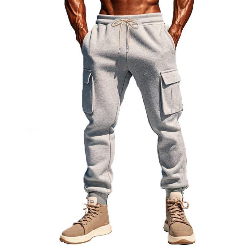 Solid Color Plush Elastic Waist Multi-pocket Sports Pants