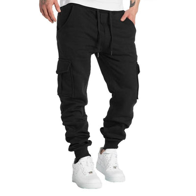 Solid Fleece Multi-pocket Elastic Waist Sports Trousers