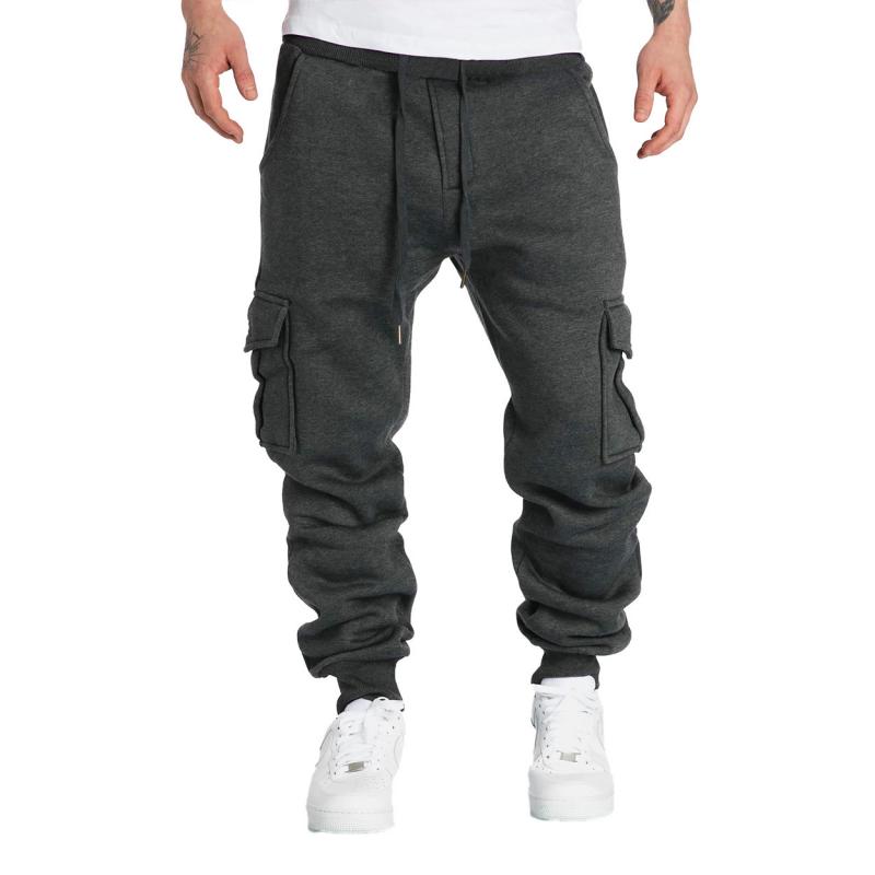 Solid Fleece Multi-pocket Elastic Waist Sports Trousers