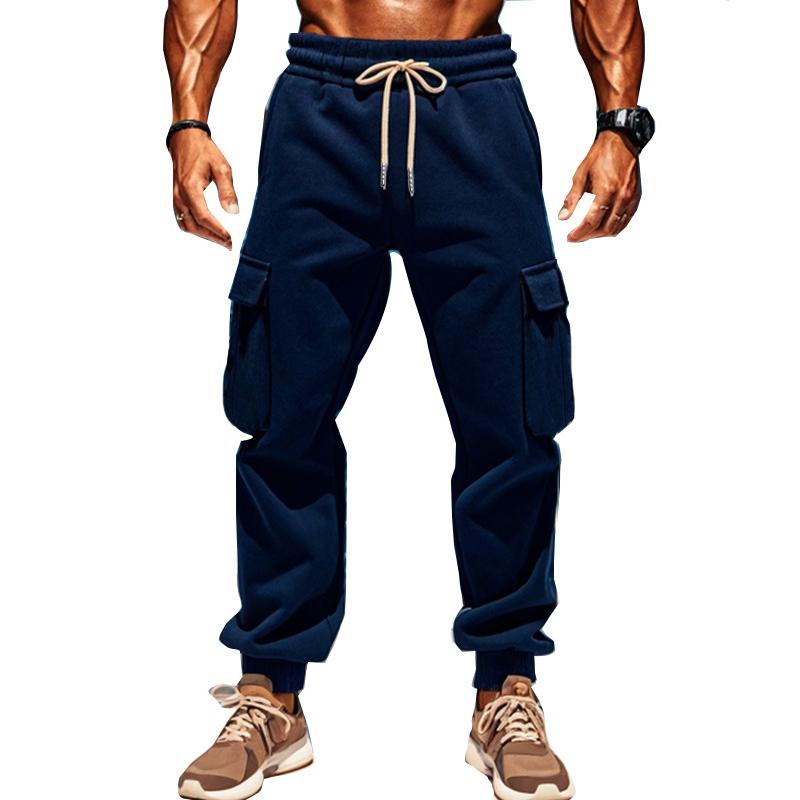 Solid Color Plush Elastic Waist Multi-pocket Sports Pants