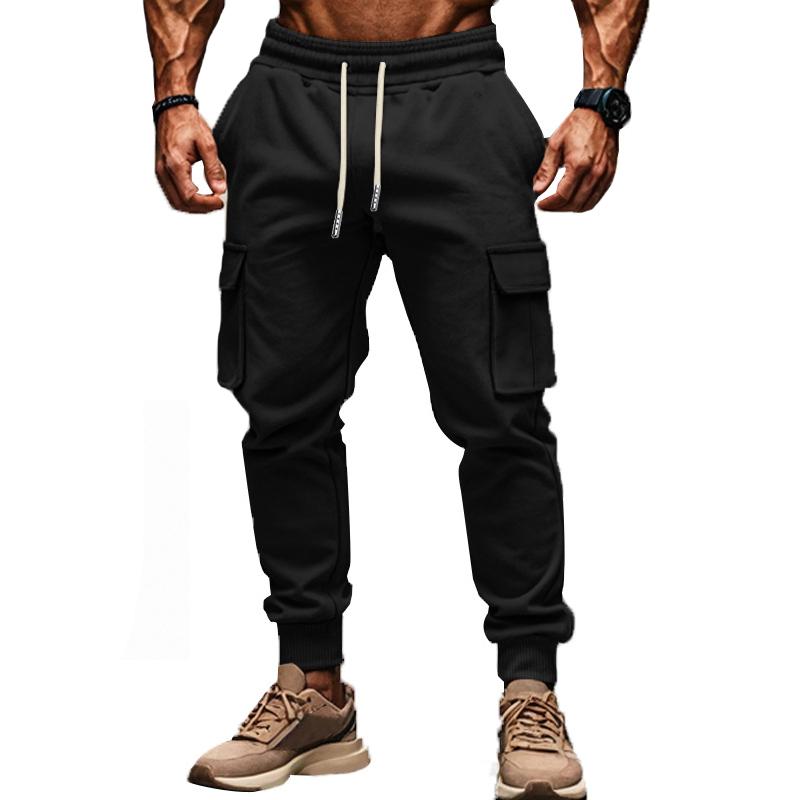 Solid Color Plush Elastic Waist Multi-pocket Sports Pants