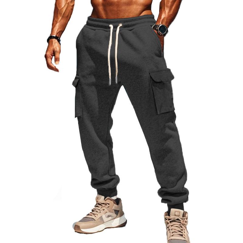 Solid Color Plush Elastic Waist Multi-pocket Sports Pants
