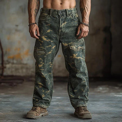 Vintage Camouflage Print Ripped Jeans