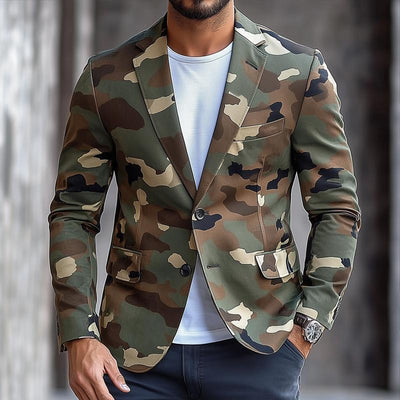 Retro Camouflage Notch Lapel Single Breasted Casual Blazer